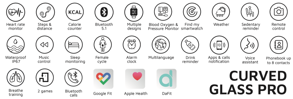 smartwatch curved glass pro negro