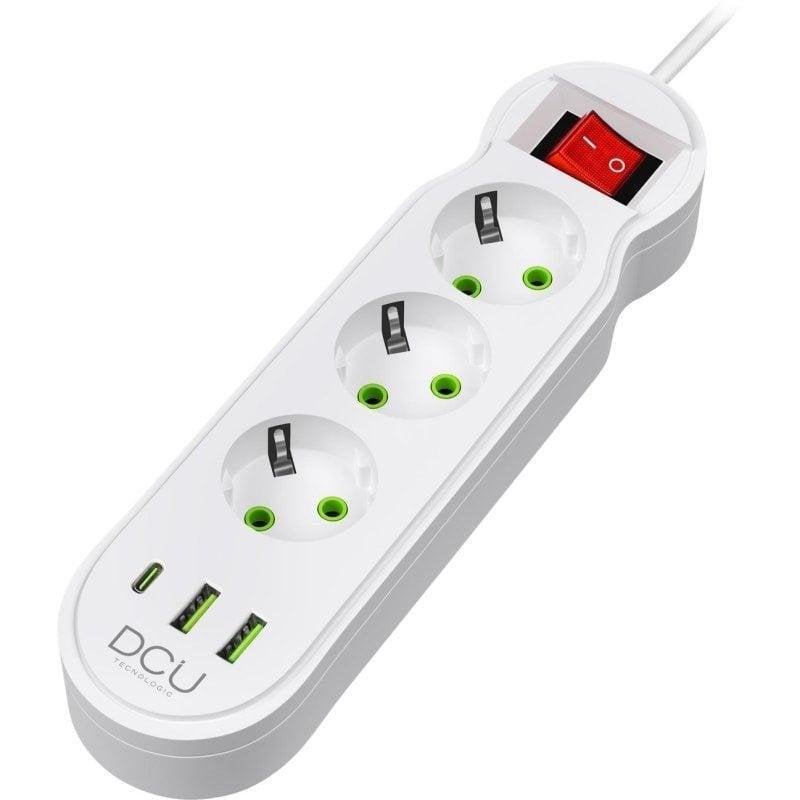 regleta de 3 tomas con usb a usb c protección e interruptor